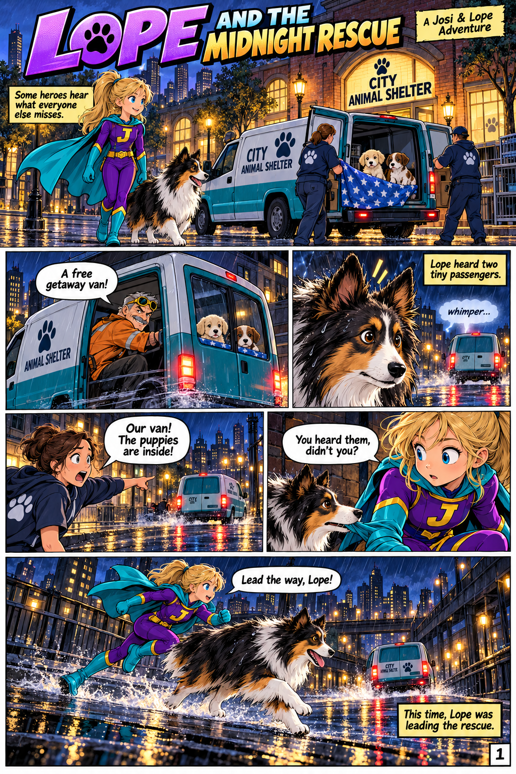 Lope and blonde Josi pursuing a stolen shelter van in the rain