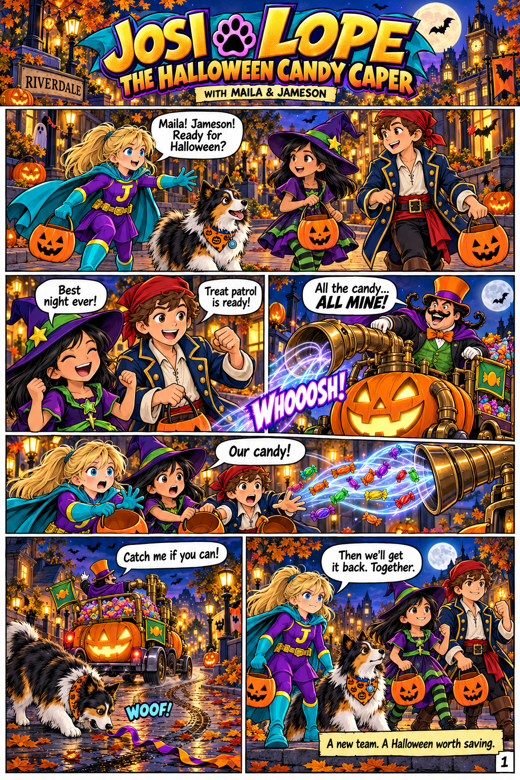 Josi, Lope, Maila in a witch costume, and Jameson in a pirate costume team up to rescue the town’s Halloween candy